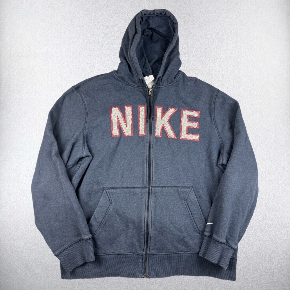 Nike Full Zip Hoodie Mens XL Blue Gray Spellout Logo Retro Fleece Jacket